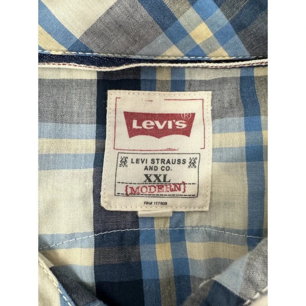 Levi's Men's 2XL Pearl Snap Button Long‎ Sleeve Blue Plaid Western Shirt